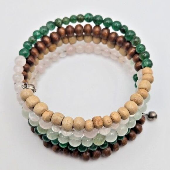 Handmade Semi-Precious Stones‎ and Wood Beaded Memory Wire Bracelet 5 Layers - Picture 3 of 4